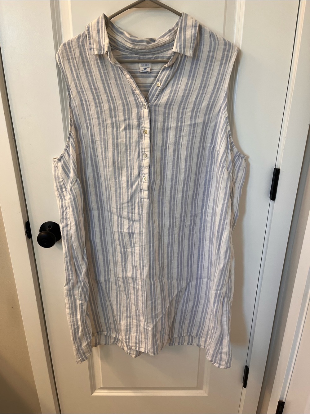 Sigrid Olsen Sleeveless Button-Front Stripe Shirt Dress - White & Light Blue